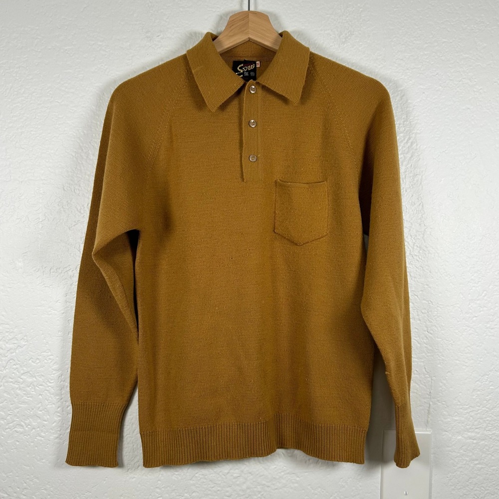 Vintage Polo Sweater Mustard Gold Wool Raglan Pocket Polo Size 36